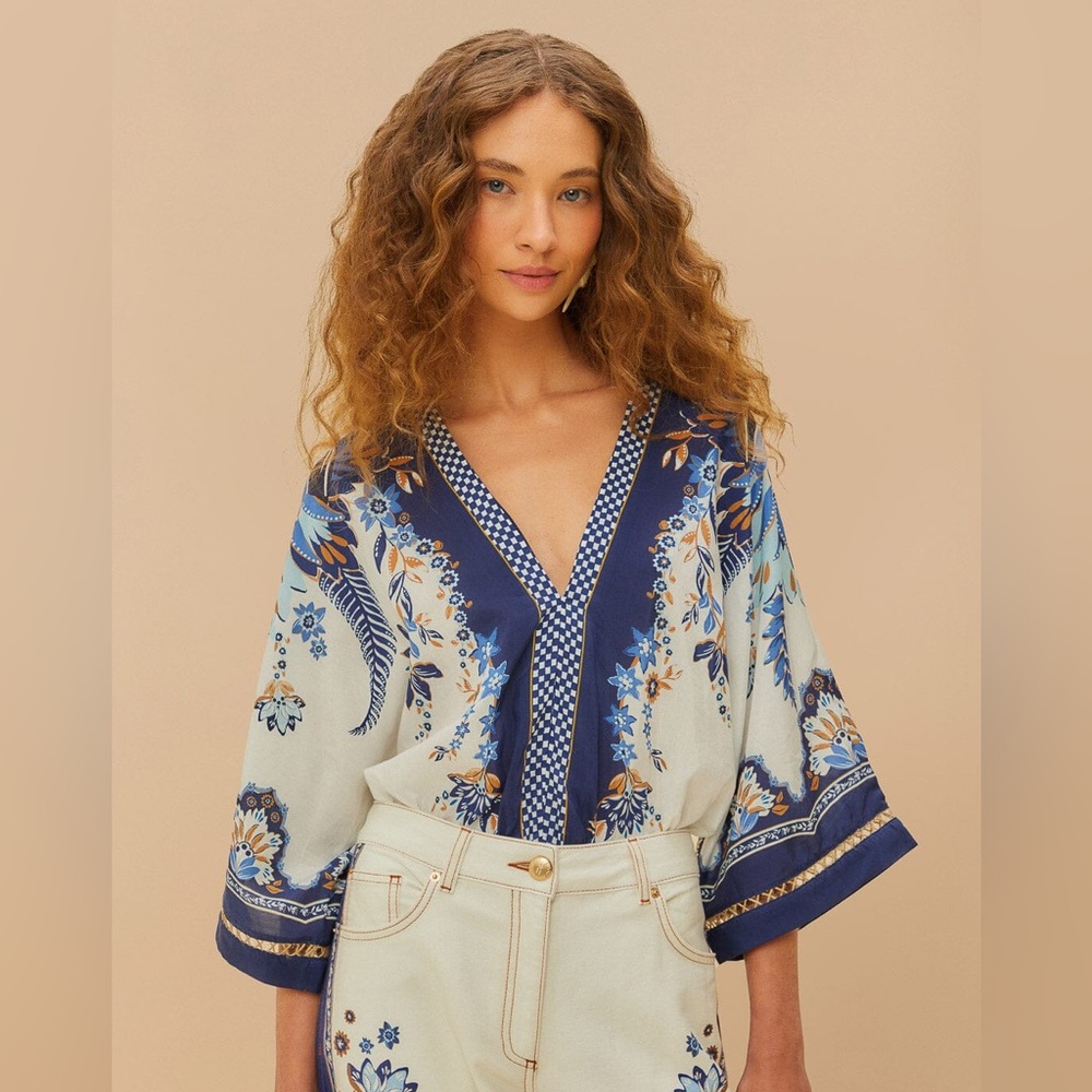 FARM Rio Blue and Cream Floral V‑Neck Printed Bodysuit